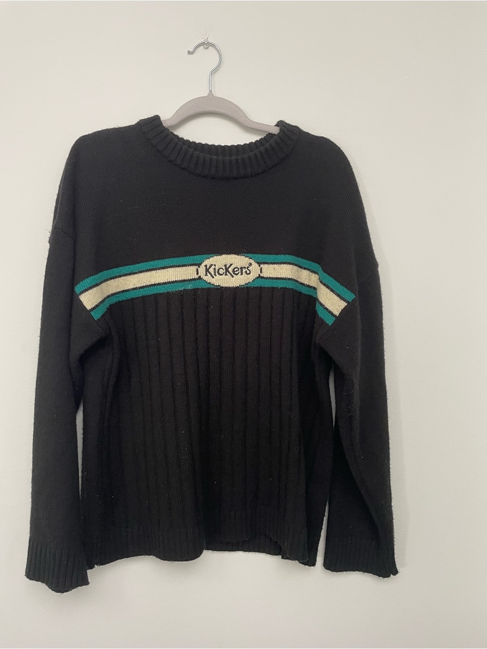 Kickers Vintage Black Ribbed Crewneck Sweater with Teal Stripe size XS